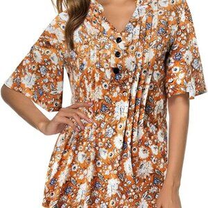 Women's Short, Ruffle Sleeve Tunic Top, Orange Floral, Extra Large, XL